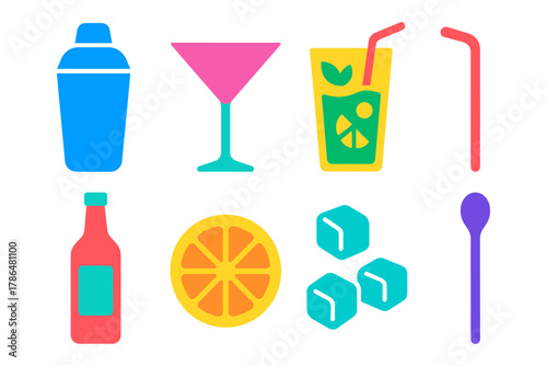 Colorful flat icons of cocktail glasses, shaker, citrus, ice cubes, and spoons