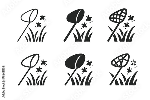 Firefly Logo Variations. Catching fireflies. Set Logo of catching fireflies: net swoop over tall grass. Icon set. harmonious logo variations of the same