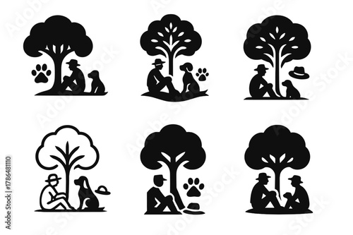 Farmer and Dog Logos. A farmer and his dog taking a break under the shade of a tree. Set Logo of A farmer and his dog taking a break under the shade of a tree: