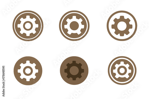 Barter Gear Emblems. Post-apocalyptic societies. Set Logo of Post-apocalyptic societies: barter token with gear mark. Icon set. harmonious logo variations of