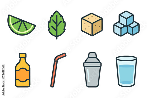 Flat icons of cocktail ingredients and tools: lemon, mint, sugar, beverage essentials