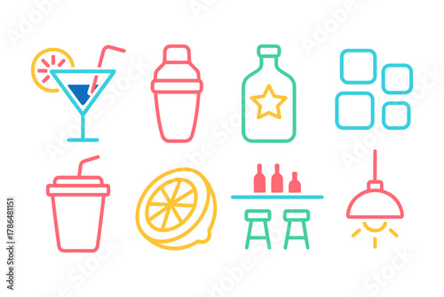 Vibrant outline icons of cocktails and bar essentials for modern designs