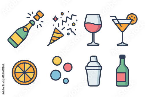 Colorful celebration icons with champagne and cocktails in a modern flat style