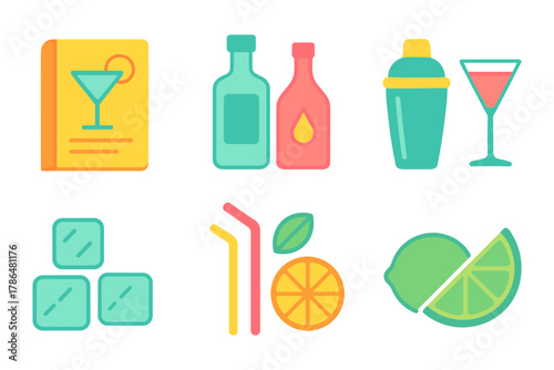 Colorful cocktail elements on white background including drinks, ice, citrus, and straws