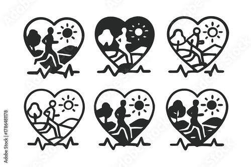 Jogging Park Logos. A person jogging in the park during the early morning, surrounded by nature. Icon set. Set Logo of a person jogging in the park during the