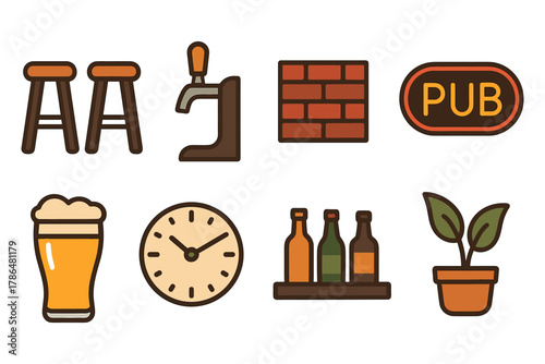 Cozy pub elements: stools, beer, brick wall, sign, clock, bottles, plant