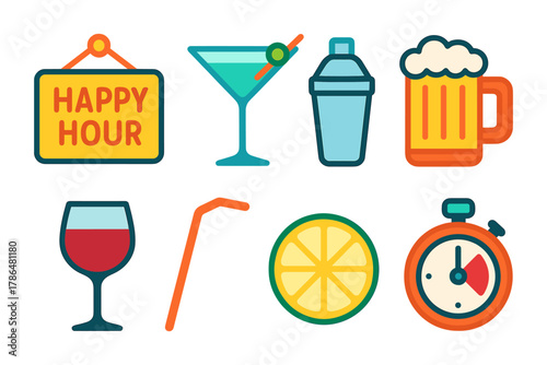 Happy hour icons: cocktail, beer, wine, and timer in fun flat style