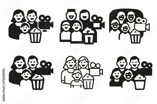 Family Movie Night. A family laughing together, enjoying quality time during the weekend. Icon set. Set Logo of A family laughing together, enjoying quality