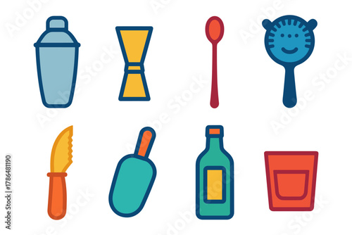 Colorful bar tools and utensils in modern flat design