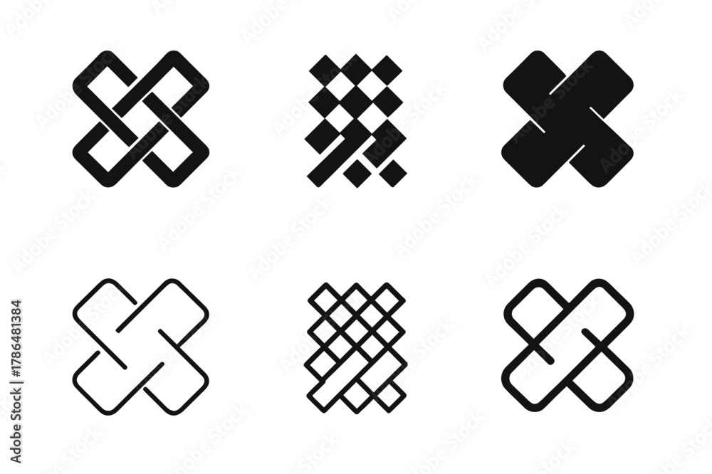 Fototapeta premium Woven Textile Logos. Cultural diversity in art. Set Logo of woven textile motif band: Iconic shape, Stylized detail, Abstract geometric, Filled silhouette,