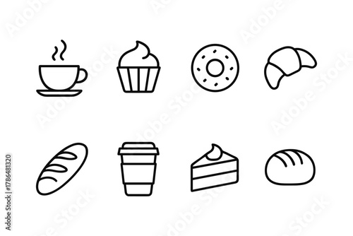 Minimalist coffee and bakery icons set: cupcake, doughnut, croissant, and more
