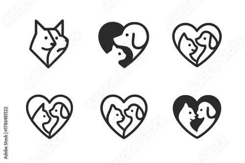 Pet Adoption Logos. Pet adoption services and advocacy. Set Logo of Pet adoption services and advocacy: cat and dog outline forming heart. Icon set. harmonious