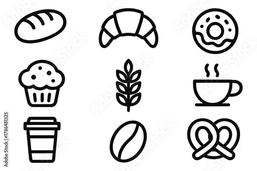 Minimalist bakery icons: bread, croissant, coffee, and more in linear style