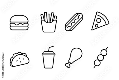 Minimalist fast food icons featuring burger, fries, hotdog, pizza