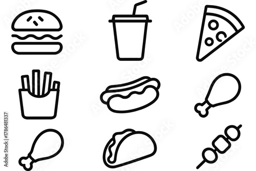 Outline icons of classic fast food dishes including pizza, burger, and drink