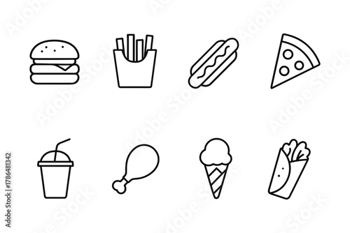Minimalist fast food icons set featuring popular snacks and drinks in linear style