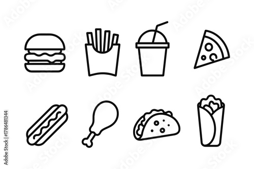 Minimalist line icons of popular fast food items for modern menu design