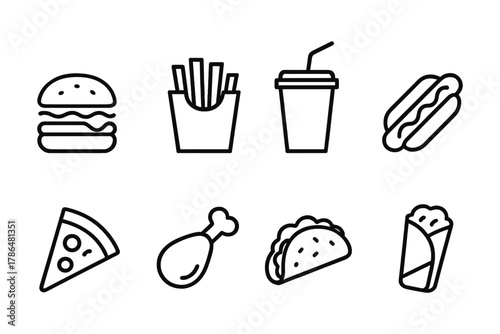 Linear icons of fast food: burger, fries, soda, and more