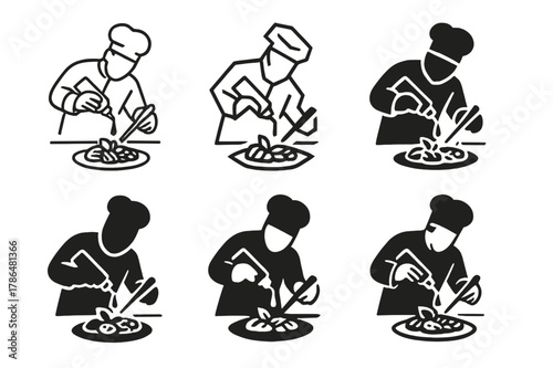 Chef's Artistic Touch. A chef adding a drizzle of balsamic glaze over a dish of grilled vegetables. Set Logo of A chef adding a drizzle of balsamic glaze over