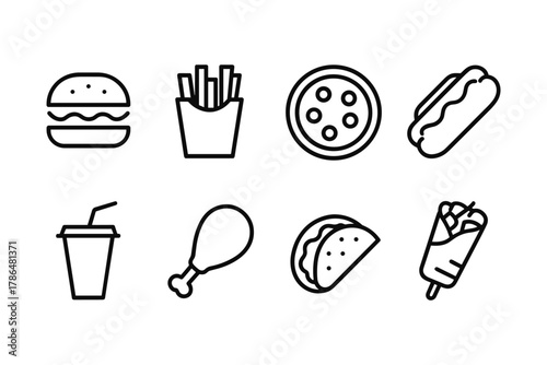 Icon set of fast food favorites: burgers, fries, pizza, hot dogs, and more