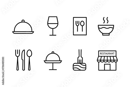 Minimalist restaurant icons set featuring dining and food elements in linear style