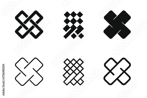 Woven Textile Logos. Cultural diversity in art. Set Logo of woven textile motif band: Iconic shape, Stylized detail, Abstract geometric, Filled silhouette,