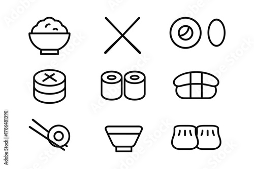 Minimalist line icons of japanese cuisine: sushi, rice bowl, dumplings, tofu, chopsticks