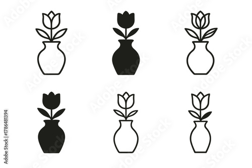 Ceramic Vase Icons. DIY home decor projects and tutorials. Set Logo of flower vase: handmade ceramic vase with bloom. Icon set. harmonious logo variations of