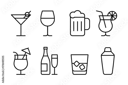 Simple line icons of various cocktail and drink glasses for bar menu design