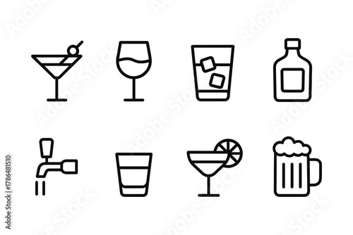 Minimalist drink icons set featuring cocktails, wine, and beer in linear style