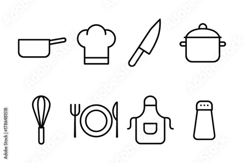 Minimalist kitchen icons set featuring cooking tools and utensils in black and white
