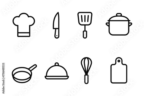 Simple kitchen icons set with cooking tools in modern linear style
