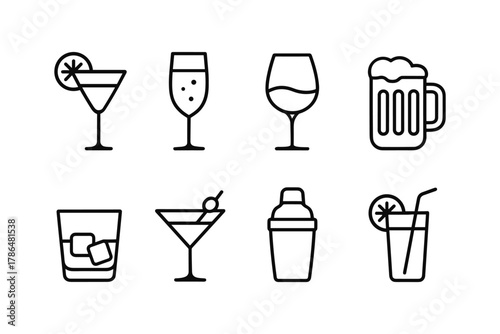 Minimalist bar icons set featuring cocktails and drinks in line art style