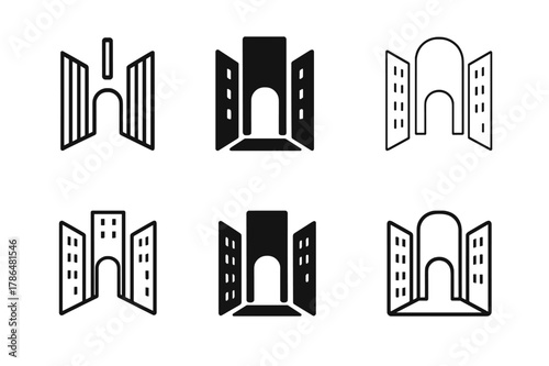 Urban Design Icons. Barriers and solutions in urban design. Set Logo of Barriers and solutions in urban design: public square opening between tall buildings.