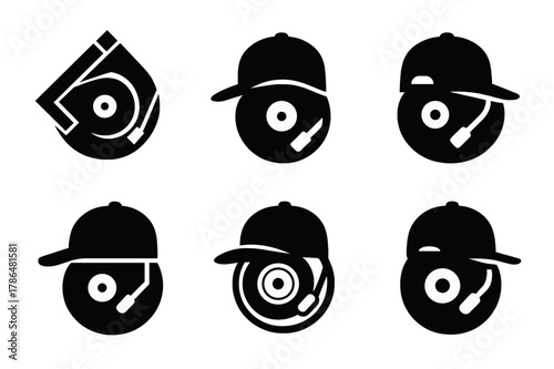 Music Fashion Icons. Music and fashion. Icon set. Set Logo of Music and fashion: DJ turntable cap. harmonious logo variations of the same emblematic concept,
