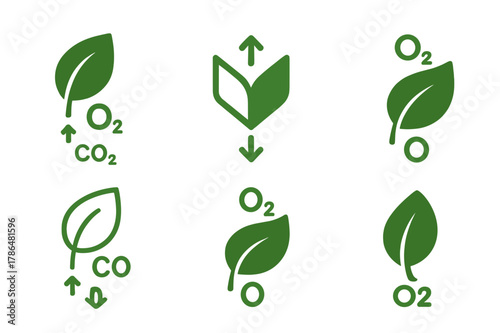 Plant Photosynthesis Icons. How plants make their food. Icon set. Set Logo of how plants make their food: leaf absorbing CO? and releasing O?. harmonious logo