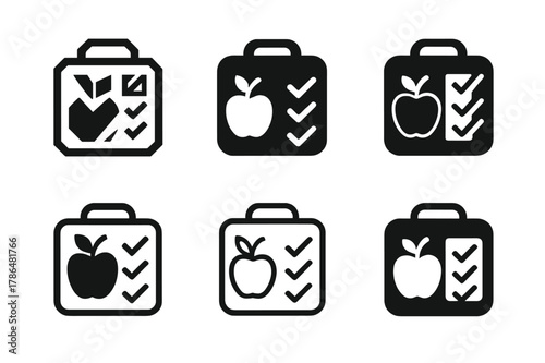 School Lunch Icons. Preparing school lunch. Icon set. Set Logo of preparing school lunch: meal prep checklist. harmonious logo variations of the same