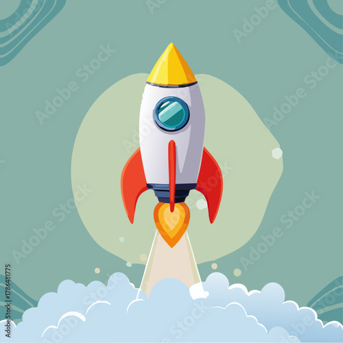 toy rocket takes spewing smoke on a blue background the symbol for success is startup education and knowledge
