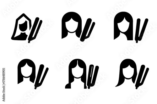 Hairstyle Logo Variations. Hairstyle step-by-step guide poster. Set Logo of hairstyle step-by-step guide poster: sleek straightening routine. Icon set.