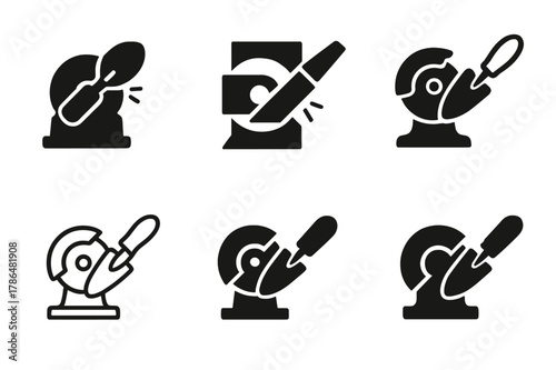 Garden Tool Logos. Sharpening gardening tools. Icon set. Set Logo of sharpening gardening tools: bench grinder and blade. harmonious logo variations of the