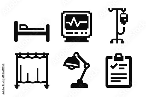 Minimalist medical icons: flat black silhouettes of hospital bed, iv stand, and heart monitor
