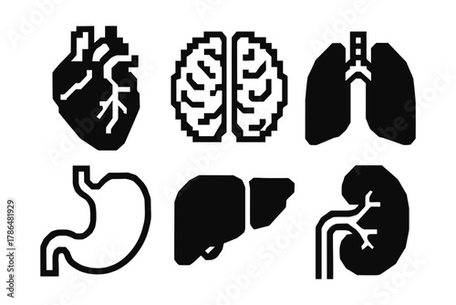 Pixel art human organs set in black and white minimalistic style