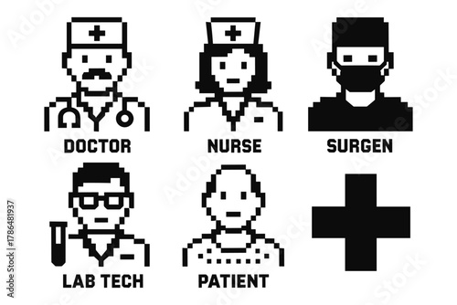 Retro pixel art medical staff and hospital icons set for healthcare design