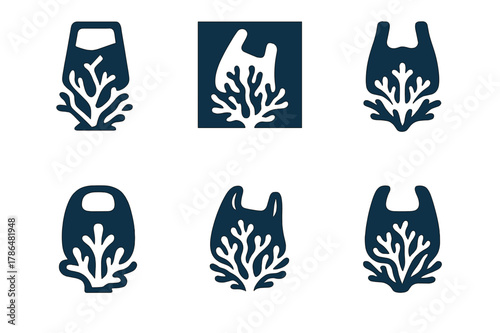 Pollution and Wildlife Logos. Pollution and wildlife. Set Logo of Pollution and wildlife: coral reef with drifting plastic bag. Icon set. harmonious logo