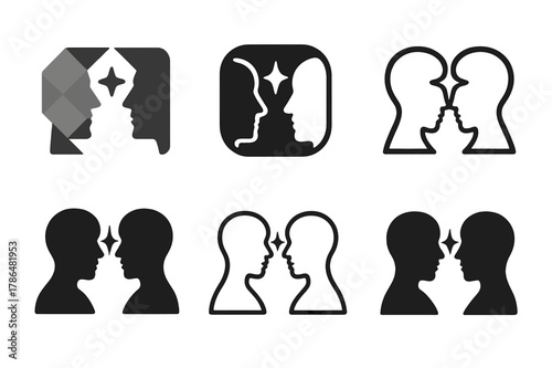 Harmonious Logo Variations. Building rapport. Set Logo of Building rapport: two human profiles facing each other with shared spark. Icon set. harmonious logo