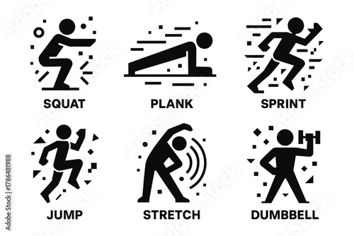 Dynamic exercise icons featuring squat, plank, sprint, jump, stretch, and dumbbell in black and white silhouette