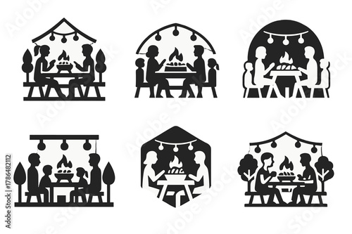 Family BBQ Logos. A family enjoying a BBQ in the backyard, with grilled meats and vegetables. Set Logo of A family enjoying a BBQ in the backyard, with grilled