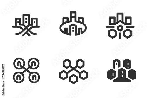 Urban Sprawl Icons. urban sprawl. Set Logo of urban sprawl: ring road interchange. Icon set. harmonious logo variations of the same emblematic concept, each