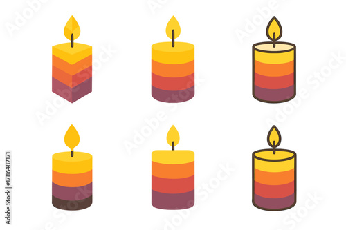 Candle Logo Variations. Candle making with unique scents and colors. Set Logo of Candle making: color-layered wax pillar. Icon set. harmonious logo variations