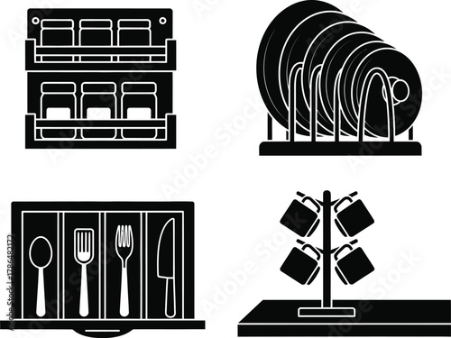 Kitchen Organization Icons Spice Rack, Pot Lid Holder, Drawer Organizer, Mug Tree
